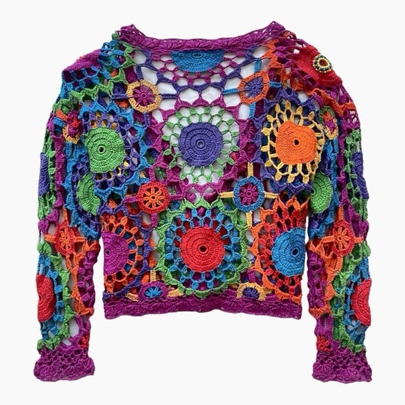 90's Vintage Colorful Grandma Crochet Long Sleeve Sweater - Picture 2 of 5